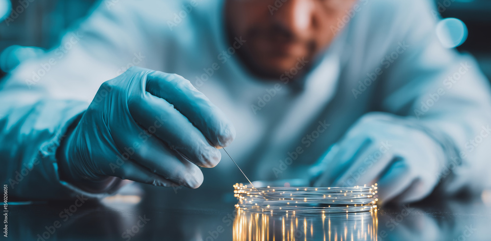 Poster A man in a lab coat and gloves meticulously studies shape memory alloys in a petri dish, focusing on their unique transformation properties and potential uses in adaptive technologies.