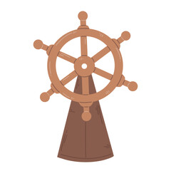The ship's steering rudder wheel in a cartoon flat style isolated on a white background. Vector illustration.