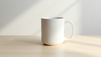 Fototapeta premium Empty white mug on light beige wooden surface.