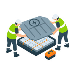 Two workers carefully install a powerful electric vehicle battery pack ensuring safe and efficient energy storage.