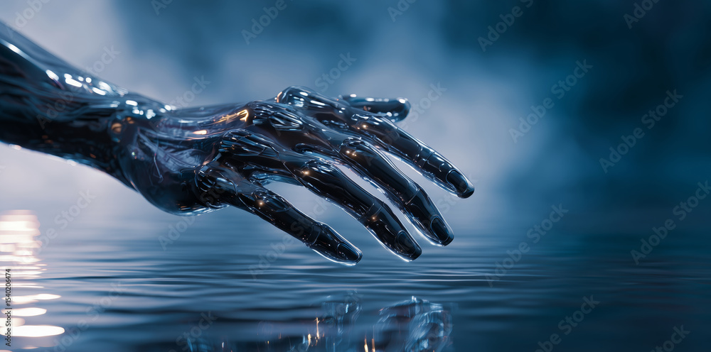 Aufkleber A liquid metal hand extends towards still water, demonstrating advanced shape memory properties and adaptive technology. The setting features a misty background that enhances the futuristic theme.