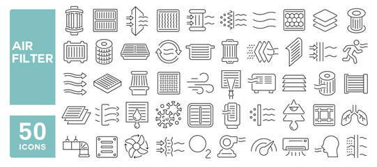 Set of 50 line icons related to air filter, purification, filtration, purifier, sterilization, vent, airflow, Editable stroke. Vector illustration