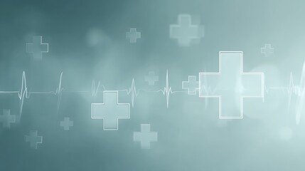 medical healthcare background with ecg heartbeat line and cross symbols on teal gradient backdrop