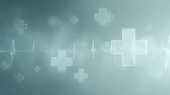 medical healthcare background with ecg heartbeat line and cross symbols on teal gradient backdrop