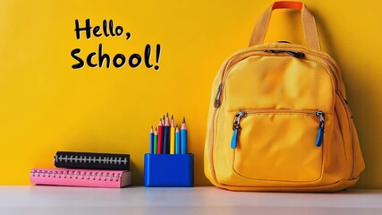 Bright yellow backpack sits alongside colorful stationery and notebooks on a lively background ready for back to school preparations