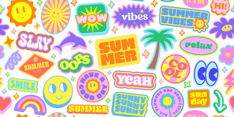 Cool Summer Groovy Stickers Collage Funny Seamless Pattern. Pop Art Y2k Background. © t1m0n344