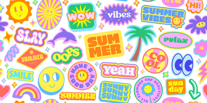 Cool Summer Groovy Stickers Collage Funny Seamless Pattern. Pop Art Y2k Background.