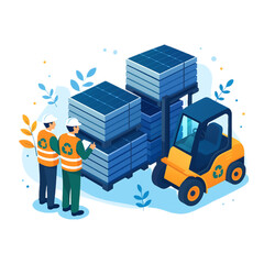 Workers inspect a pallet of solar panels ready for transport using a forklift illustrating sustainable energy solutions and renewable resources