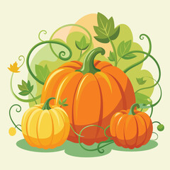 Group of Pumpkins with Vines in Background Isolated Illustration