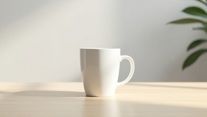 Fototapeta premium Empty white mug on a light beige wooden table.