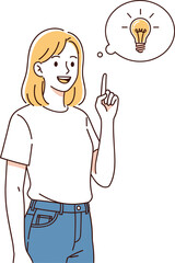Young Woman Having a Brilliant Idea - Lightbulb Moment, Hand drawn style vector design illustrations.
