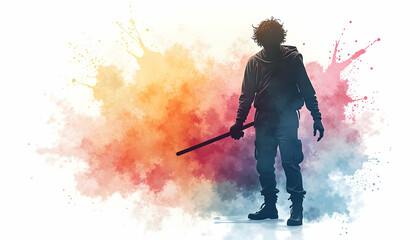 Naklejka premium Person Holding Stick Silhouette Against Colorful Abstract Background