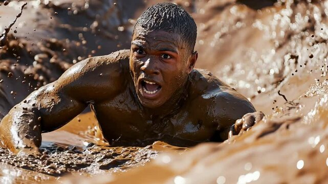 Participants navigate a muddy obstacle course with enthusiasm and determination while competing in a weekend city park event