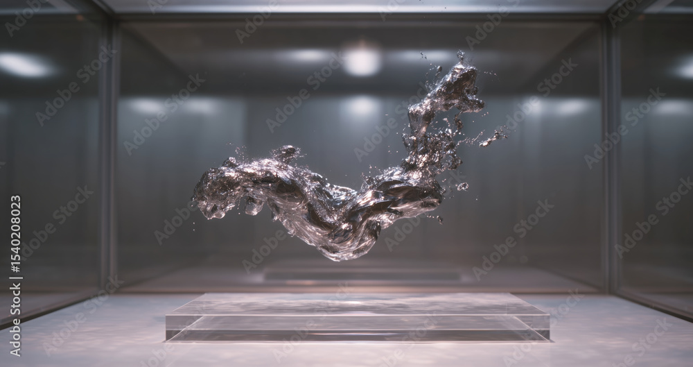 Poster A unique display showcases the transformation of shape memory alloys into a liquid metal state. This adaptive material illustrates advanced technology involving mercury in a modern environment.