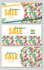 vector illustration set of summer sale banners with tropical leaves. tropical background. design for poster, flyer and invitation.