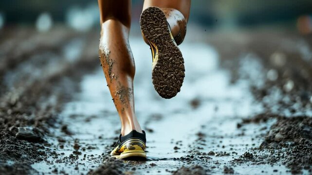 Participants navigate a muddy track in an outdoor setting during early morning hours, highlighting determination and effort in training