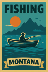 vector art of Fishing vintage colorful poster  with ocean blue colors Montana adventure poster illustration