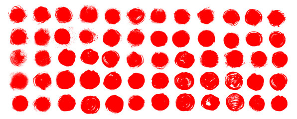 Japanese flag brush paint circles. Vector grungy red ink hand drawn textured punk style round shapes. Artistic Chinese or Korean design elements. Sun symbols. Each circle is united and isolated