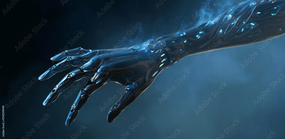 Aufkleber This image features an advanced robotic arm made of smart materials, emphasizing the adaptive uses of liquid metal and shape memory alloys in various environments.