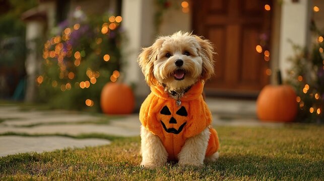 A cute puppy sitting in a pumpkin costume on the grass during the halloween holiday celebration time on transparent background - Powered by Adobe