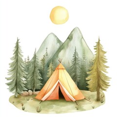 Watercolor camping scene with mountains and teepee