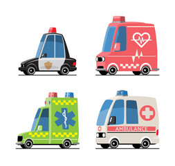 Emergency vehicles cartoon illustration . Included police car, ambulance and volunteer rescue vehicle . Flat design . Isolate on white background . Vector .