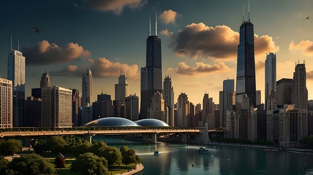 "Chicago skyline with levitating skyscrapers and aerial public transport in 2300"


