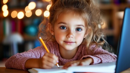 Fototapeta premium Young girl engages in focused study session at home during evening hours