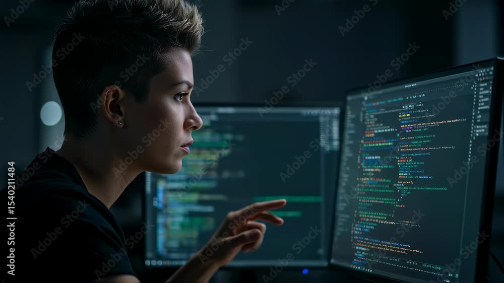 Poster woman developer programming code on a computer screen. female software engineer working on innovatio