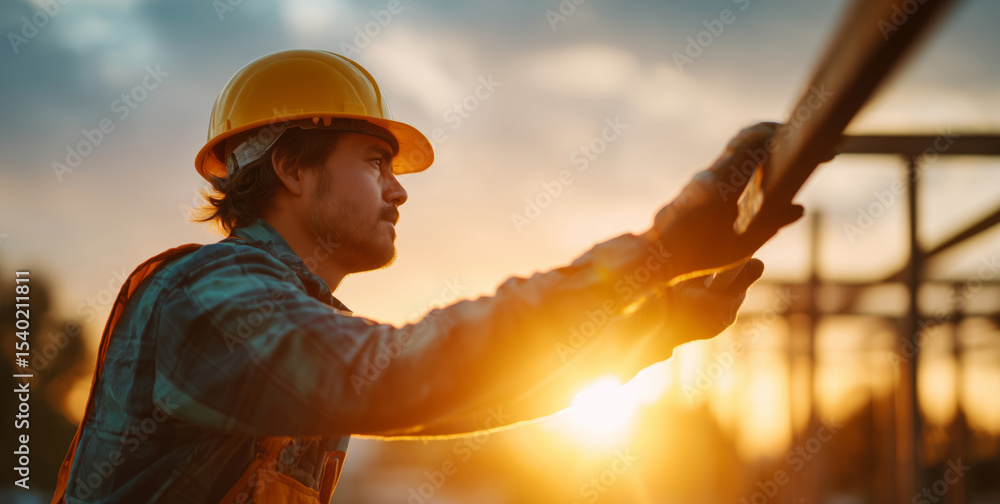 Poster a man in a safety helmet and gloves actively engages with innovative smart materials. he focuses on 