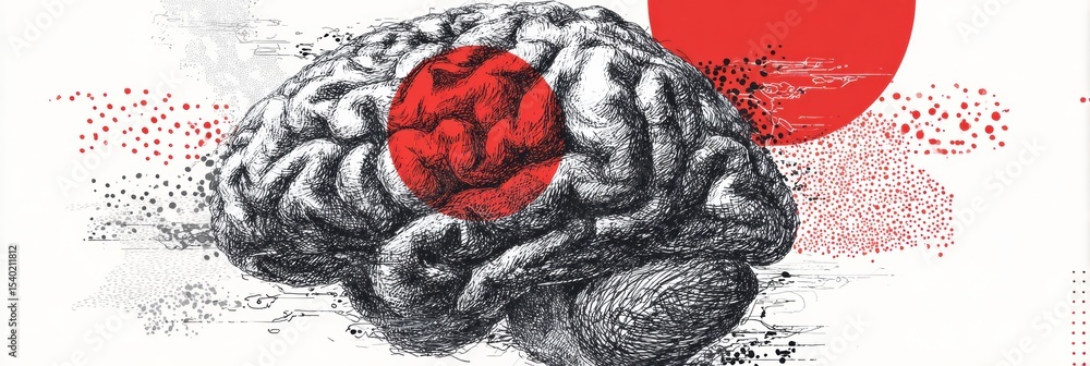 Poster Scribbled Brain Sketch Featuring a Striking Red Center for Creative Messaging and Artistic Expression in a Contemporary Art Style
