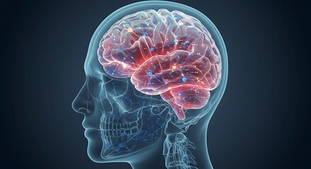 Detailed 3D Render of a Human Brain and Skull with Neural Connections
