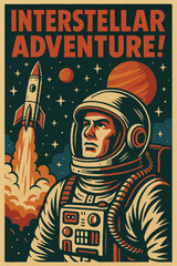 vector art of Retro comic-style poster featuring astronaut, rocket launch, and interstellar adventure theme