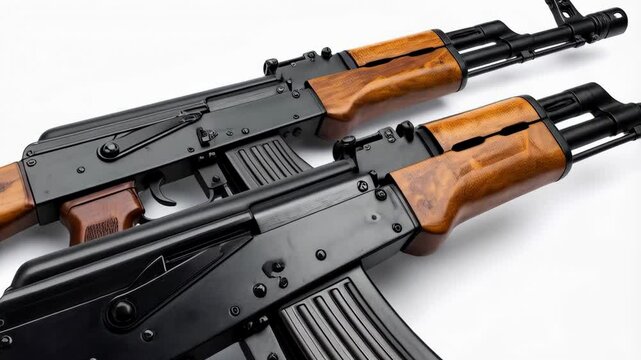 Two assault rifles with wooden handles and black metal hardware are displayed on white surface, angled view showing magazines