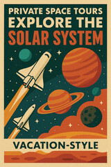 vector art of illustration Colorful retro vector of planets, shuttles, and a “vacation-style” space theme.