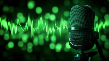 Vintage microphone with glowing sound wave symbolizing voice technology, set against dark background with copy space. Concept of audio innovation and communication.	