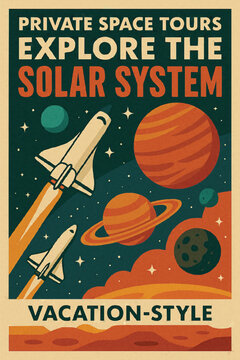 vector art of illustration Colorful retro vector of planets, shuttles, and a &ldquo;vacation-style&rdquo; space theme.