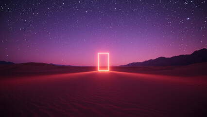 Glowing Pink Portal in a Night Desert Landscape