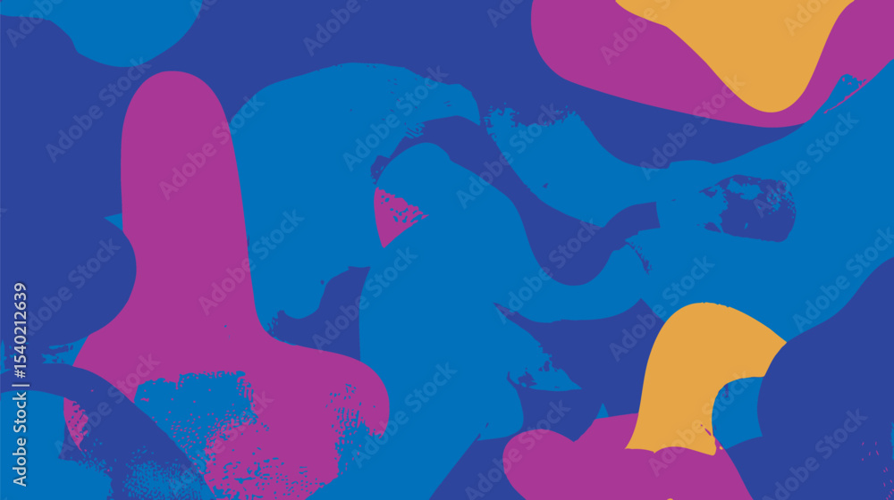 Poster abstract shapes interweave creating vibrant patterns on a colorful background.