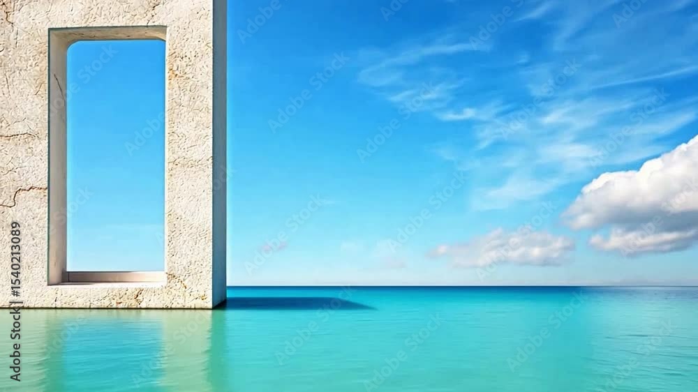 Poster Window to Serenity: An inviting architectural element, a rectangular frame, offers a serene view of a tranquil sea merging with a boundless sky, embodying peace and openness.