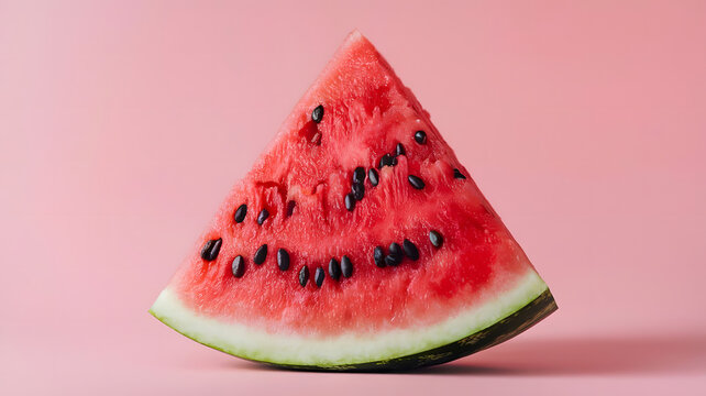 A photorealistic, ultra-HD image of a single triangular slice of watermelon with deep red, juicy fle