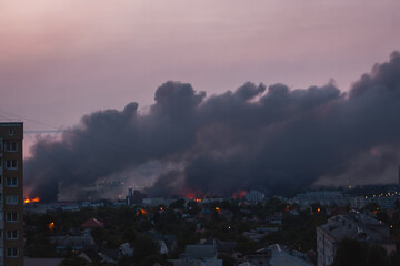 Black smoke from explosion in Kyiv, Ukraine. Russian invasion to Ukraine. Missile attack in Kyiv....