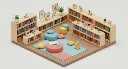 Fototapeta premium Isometric Children's Library with Bookshelves Cushions and Teddy Bear