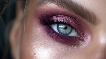 Obraz premium Close-up of an eye showcasing shimmering bronze and icy violet makeup tones with striking details