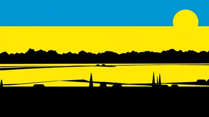 Gordijnen Abstract graphic landscape in blue and yellow © tukul