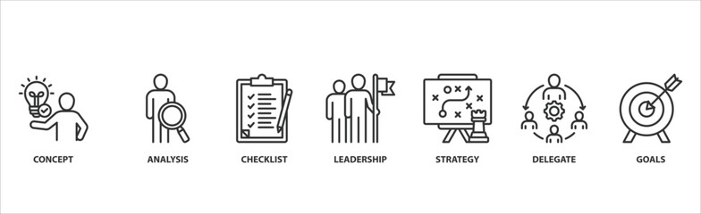 Planning banner web icon vector illustration concept with icon of concept, analysis, checklist, leadership, strategy, delegate and goals.