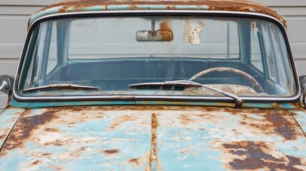 Old damaged car surface with visible rust, corrosion and peeling paint on metal body panels, close-up of vehicle decay representing aging, neglect, and automotive deterioration in urban environment