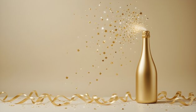 Festive Champagne Bottle with Gold Sparkles and Ribbon Curls on Beige Background - Powered by Adobe