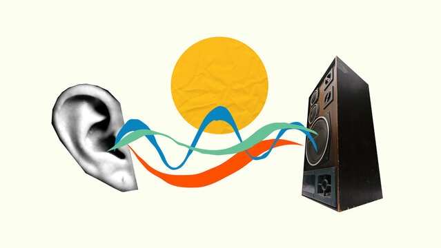 Conceptual music collage with colorful soundwaves traveling from speaker to human ear, framed by abstract yellow circle like sun symbolizing energy and clarity of sound. Concept of sound design