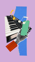Contemporary art collage featuring synthesizer keyboard and smartphone connected through music...